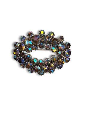 Blue AB Crystal Oval Wreath Brooch Prong Set Silver Tone Pin Stop 1950s Vintage